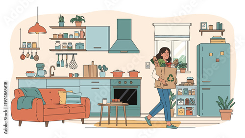 Woman carrying a brown paper bag full of fresh groceries into a modern and well decorated kitchen area with blue cabinets.