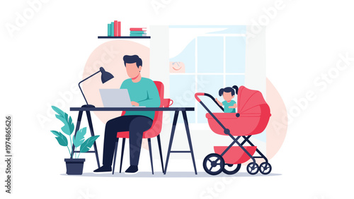 Young father managing remote work tasks on his laptop while his infant child rests in a stroller within a quiet home office.