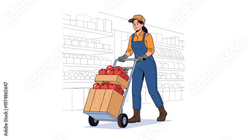 Female retail worker wearing overalls and a cap while pushing a hand truck loaded with boxes of fresh red apples in a store.