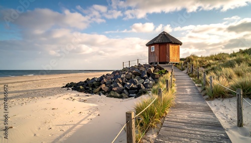 Scenic beach with wooden path leading to small hut atop rocks, dunes, and cloudy sky backdrop in golden hour