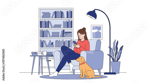 Woman relaxing in a blue armchair while using her smartphone with a golden retriever dog sitting faithfully on the rug.