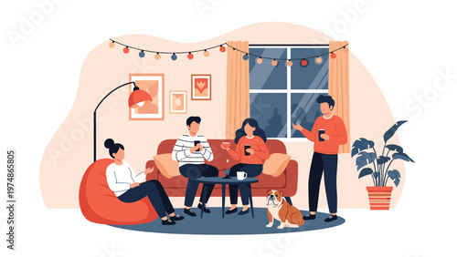 Group of diverse friends hanging out together in a living room with a dog while enjoying drinks and social conversation.