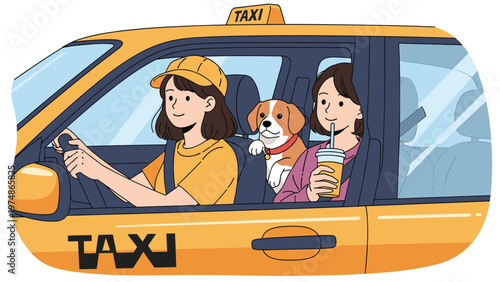 Two young women and their pet dog sitting in the back seat of a yellow taxi cab while traveling through a city together.