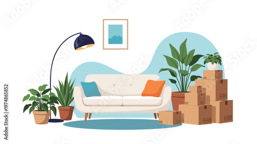 Living room interior filled with indoor plants and cardboard boxes prepared for a relocation or moving into a new home.