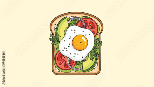 Healthy breakfast meal consisting of a slice of toast topped with avocado slices, tomato rings, onion, and a fried egg.