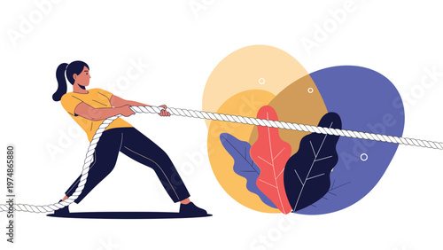 Strong woman pulling on a thick white rope during a tug of war competition against a colorful abstract floral background.