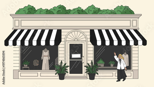 Woman waving a friendly hello from outside a stylish boutique clothing shop with black and white striped awnings and plants.