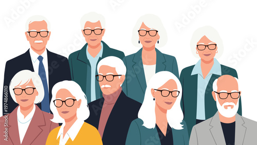 Large group of diverse elderly men and women with white hair and glasses representing a community of active senior citizens.