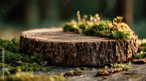Wooden log podium, tree stump slice, natural bark texture, forest moss background, organic product display, warm sunlight 