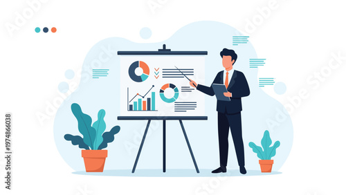 Businessman using a pointer to explain various colorful charts and graphs on a presentation board in a professional office.