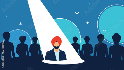 Man wearing a red turban standing under a bright spotlight among silhouettes of people to represent being unique or a leader.