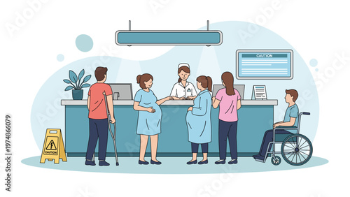 Patients and pregnant women standing at a hospital reception desk while a nurse provides medical assistance in a clinic.