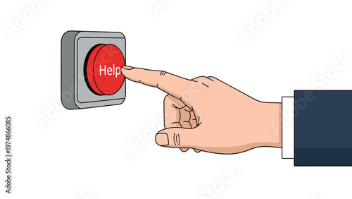 Human finger is about to press a large red emergency help button mounted on a wall to call for assistance or signal for an alert.