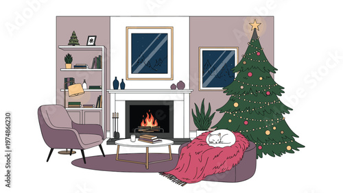 Interior of a cozy living room decorated for Christmas with a lit fireplace, a decorated tree, and a white cat sleeping on a pink blanket.