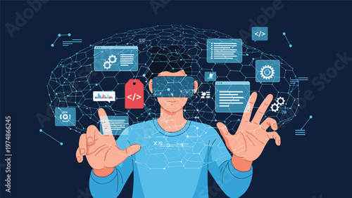 Man wearing a virtual reality headset interacts with floating data screens and programming code in a futuristic digital environment.