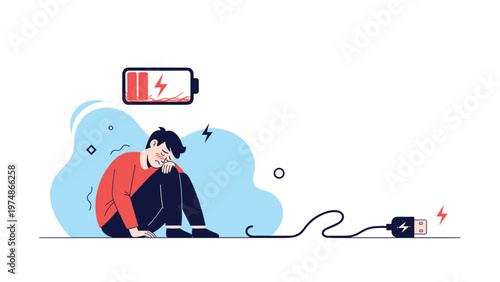 Exhausted man sits on the floor with his head down under a low battery icon and a disconnected power cord representing burnout and fatigue.