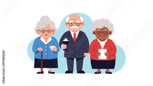 Diverse elderly people including a white woman with a cane, an older man in a suit, and a black woman holding a document stand together.
