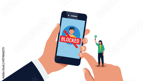 Large hands holding a smartphone with a user profile covered by a red blocked sign while a small person holds an exclamation mark.