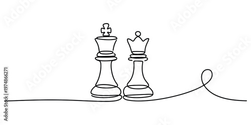 Continuous line drawing of chess king and queen pieces