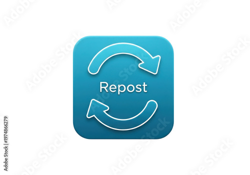 A blue repost button with two white arrows
