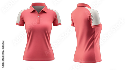 A pink polo shirt with white accents on transparent background