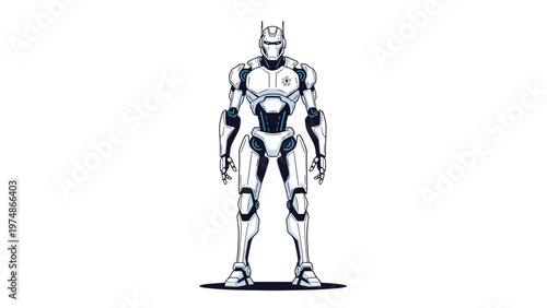 Full body portrait of a sleek white and black futuristic robot soldier standing tall and ready for a mission in a sci-fi setting.