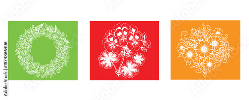 Colorful holiday wreaths featuring intricate white lace designs on green, red, and orange backgrounds vector illustration