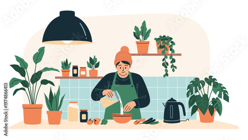 Person wearing an apron and beanie pours flour into a bowl while preparing a meal in a kitchen filled with many potted plants.