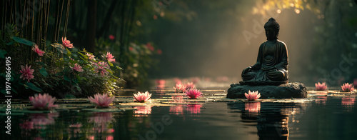 Wallpaper Mural A Buddha statue meditating in a bamboo grove surrounded by lotus flowers water Torontodigital.ca