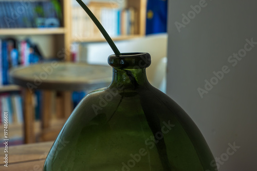Bilde på lerret Olive green glass demijohn with leaf, indoor still life in Madeira