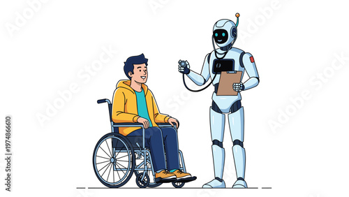 Advanced robotic healthcare assistant uses a stethoscope to examine a cheerful young man sitting in a wheelchair.
