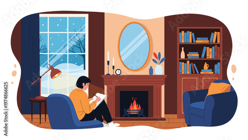 Young woman sitting on a comfortable chair and writing in her journal in a cozy living room with a warm fireplace.