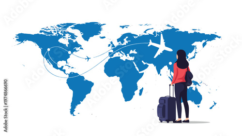 Young traveler with a suitcase looking at a world map illustrating global flight routes and international travel.