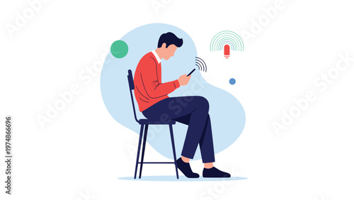 Young man sitting on a tall stool using his mobile phone while a wireless signal icon floats nearby on abstract background.