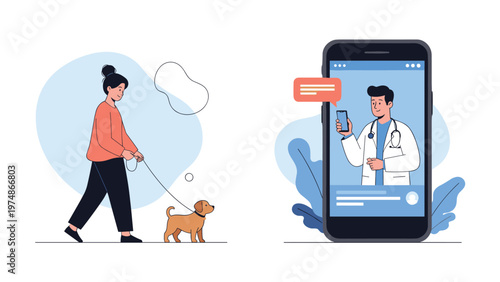 Digital illustration showing a woman walking her dog and a doctor providing medical advice through a smartphone screen.