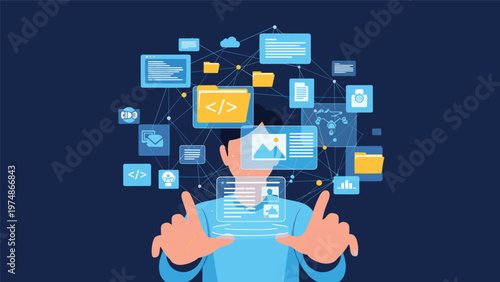 Innovative software developer interacting with a complex virtual interface of floating digital folders and code windows.