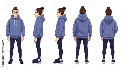 Character design sheet showing a man in a purple hoodie and dark pants from various angles for animation or gaming.