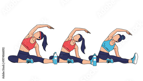 Group of three women in activewear practicing yoga side stretches on mats with water bottles on a white background.