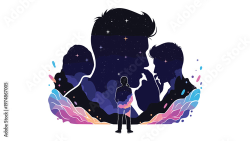 Stylized silhouettes of multiple human heads filled with cosmic patterns of stars and nebulae representing deep thoughts.