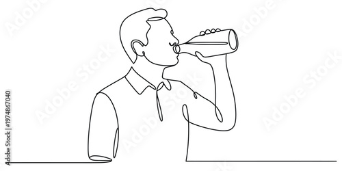 Continuous line drawing of a man drinking from a bottle