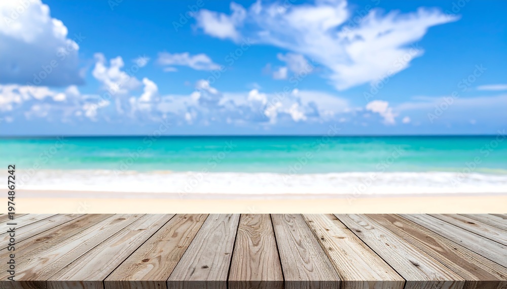 Fototapeta premium A sun-drenched beach with turquoise waves rolling onto golden sand. A wooden tabletop foregrounds the inviting coastal scene