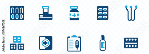 A collection of blue medical icons depicts various pharmaceutical products testing equipment and healthcare supplies high quality professional detailed modern elegant stylish clean