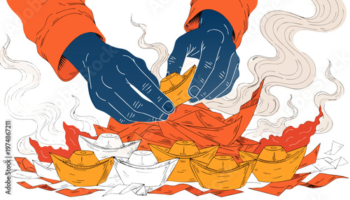 Person in orange sleeves carefully burning golden paper ingots as a traditional ritual for ancestors to bring luck and prosperity in the afterlife