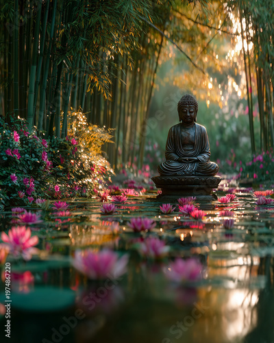 A Buddha statue meditating in a bamboo grove surrounded by lotus flowers water