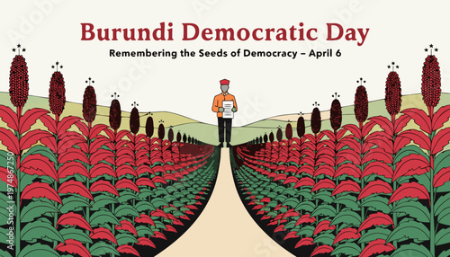 Illustrative representation of Burundi Democratic Day featuring a central official standing amidst stylized agricultural crops to commemorate the historical seeds of national political freedom