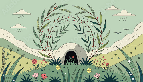 Simple stone cave structure nestled within a lush green landscape featuring decorative willow branches and colorful wild flowers in a stylized artistic design