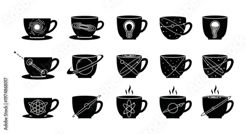 Outer space and astronomy symbols in teacup icons set isolated on white background universe and cosmic vector illustration