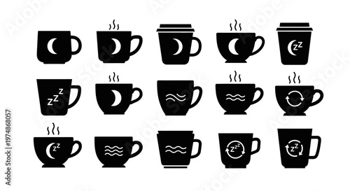 Sleep and rest coffee cup icons set featuring moon night symbols zzz letters and wave energy patterns flat silhouette vectors for wellness relaxation concepts