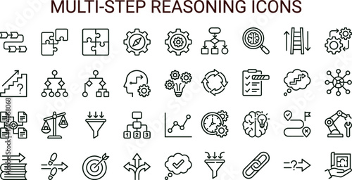 Multi step reasoning workflow outline icon set featuring decision analytics strategy optimization process interface symbols for productivity dashboards platforms