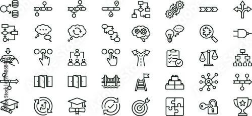 Process decision workflow outline icon set featuring analytics strategy hierarchy optimization management interface symbols for business dashboards platforms systems